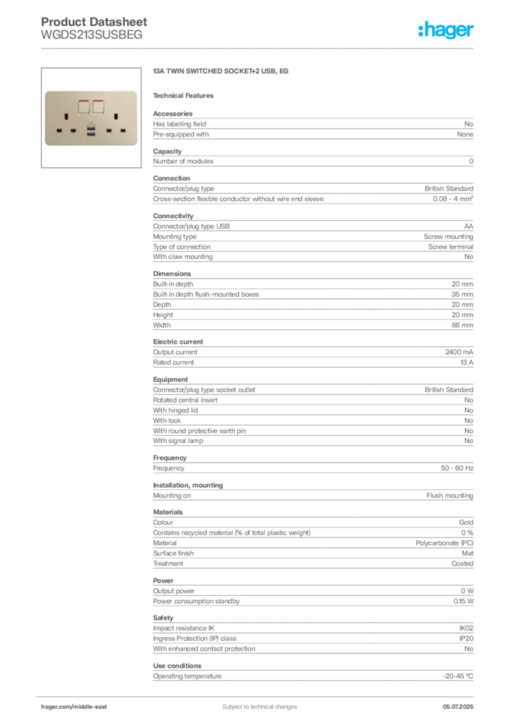Image Hager Product data sheet WGDS213SUSBEG  | Hager