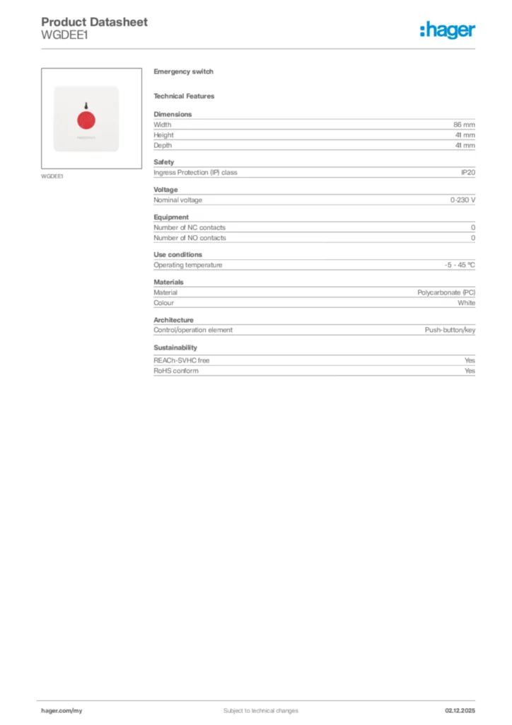 Image Hager Product data sheet WGDEE1  | Hager
