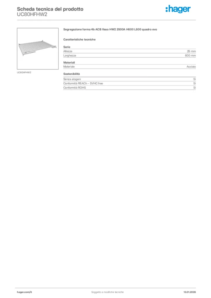 Immagine Hager Scheda tecnica del prodotto UC80HFHW2 | Hager Italia