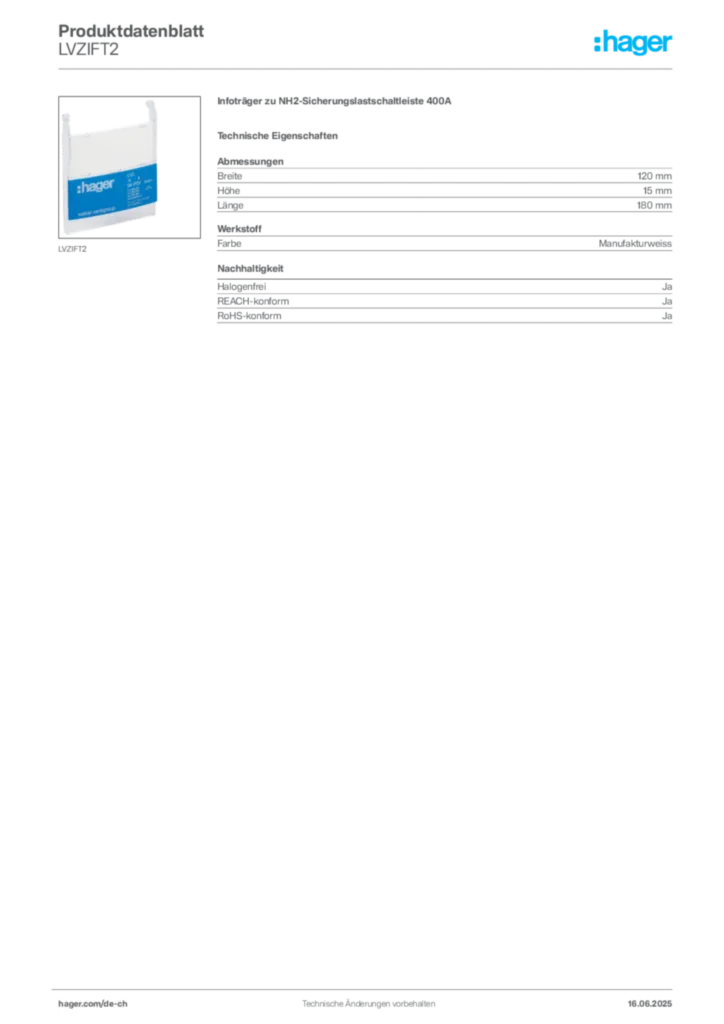 Bild Hager Produktdatenblatt LVZIFT2 | Hager Schweiz