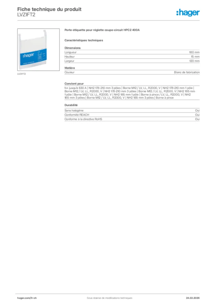Image Hager Fiche technique du produit LVZIFT2 | Hager Suisse