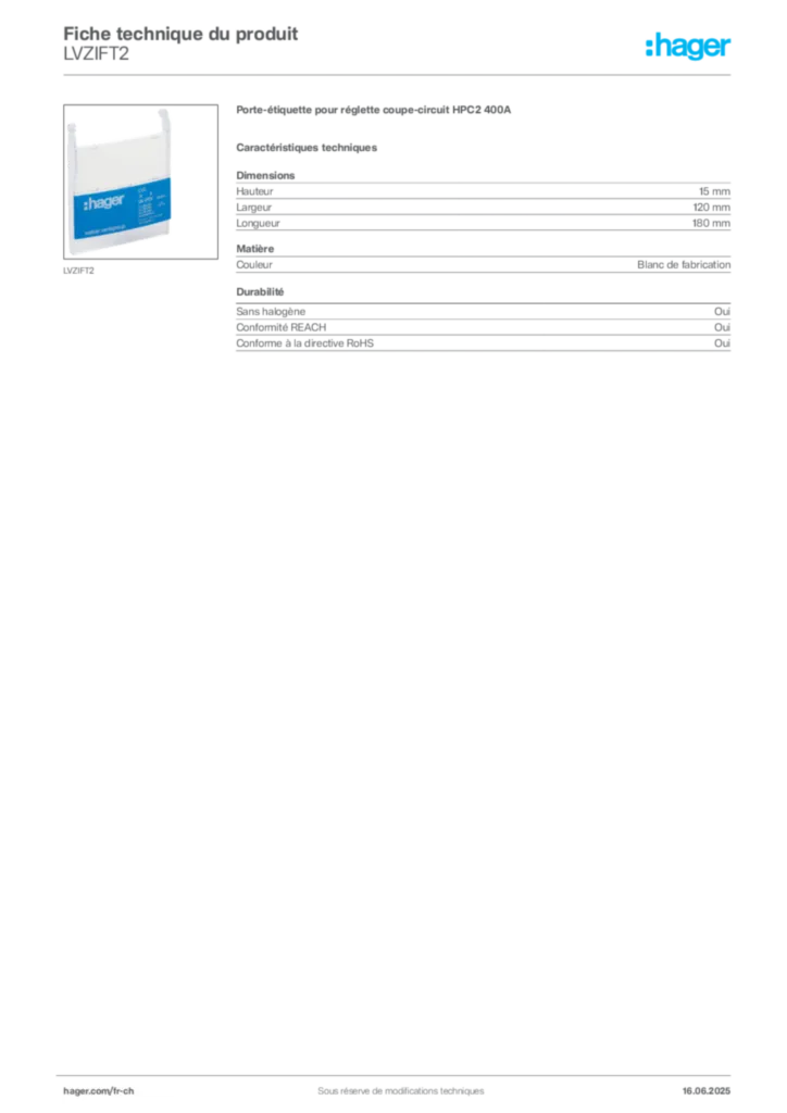 Image Hager Fiche technique du produit LVZIFT2 | Hager Suisse