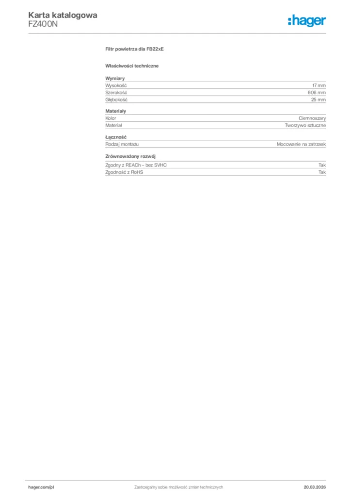 Zdjęcie Hager Karta katalogowa FZ400N | Hager Polska