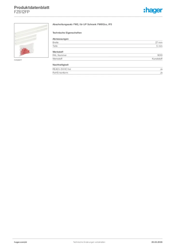 Bild Hager Produktdatenblatt FZ612FP | Hager Deutschland