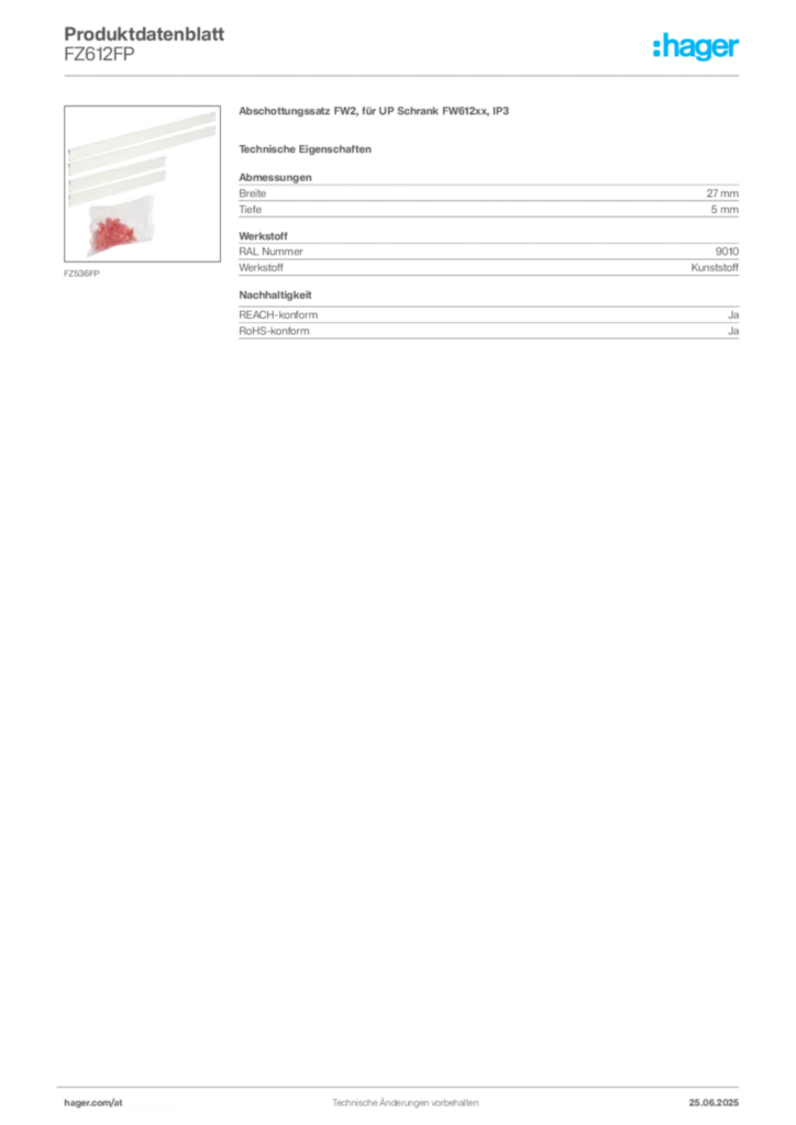 Bild Hager Produktdatenblatt FZ612FP | Hager Deutschland
