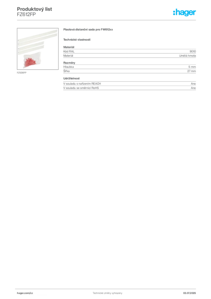 Obrázek Hager Product data sheet FZ612FP | Hager