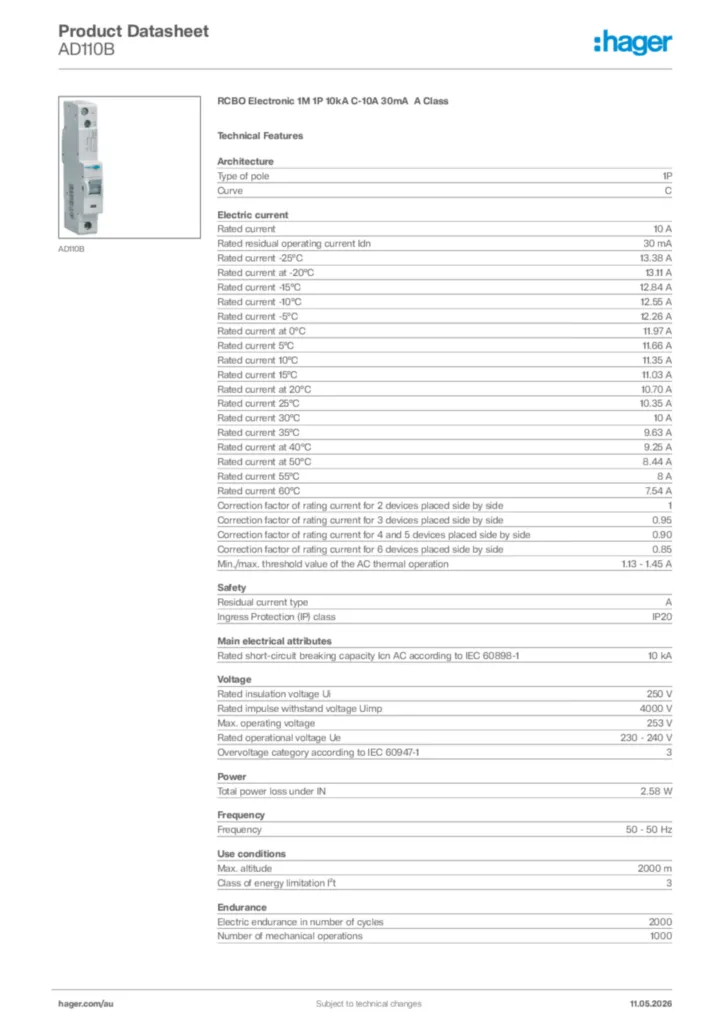 Image Hager Product data sheet AD110B  | Hager Australia
