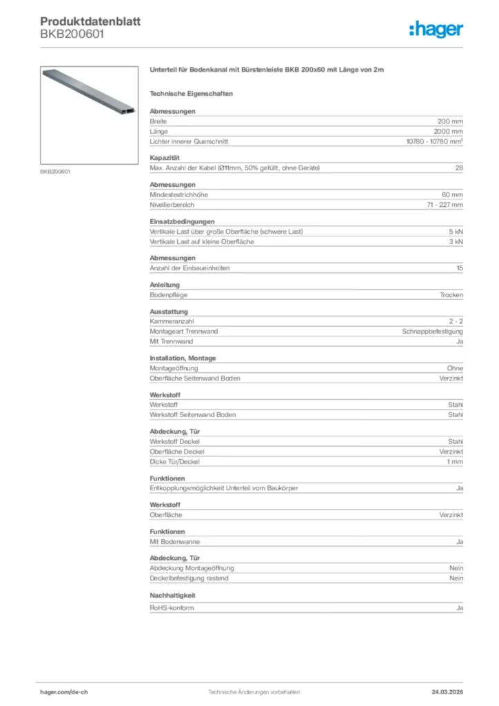 Bild Hager Produktdatenblatt BKB200601 | Hager Schweiz