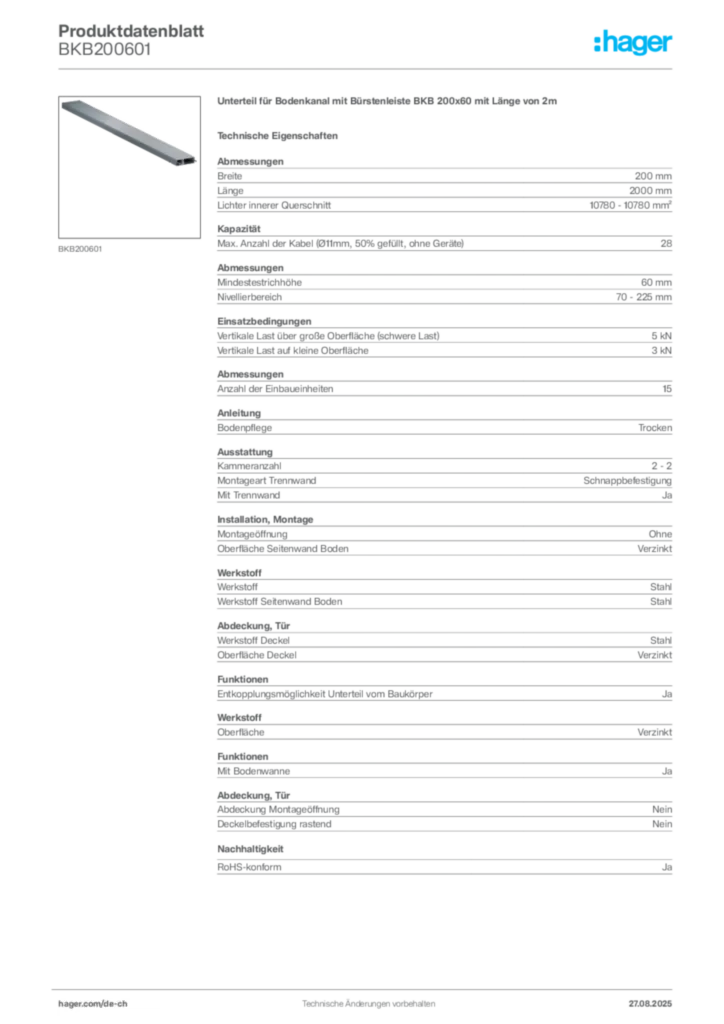 Bild Hager Produktdatenblatt BKB200601 | Hager Schweiz
