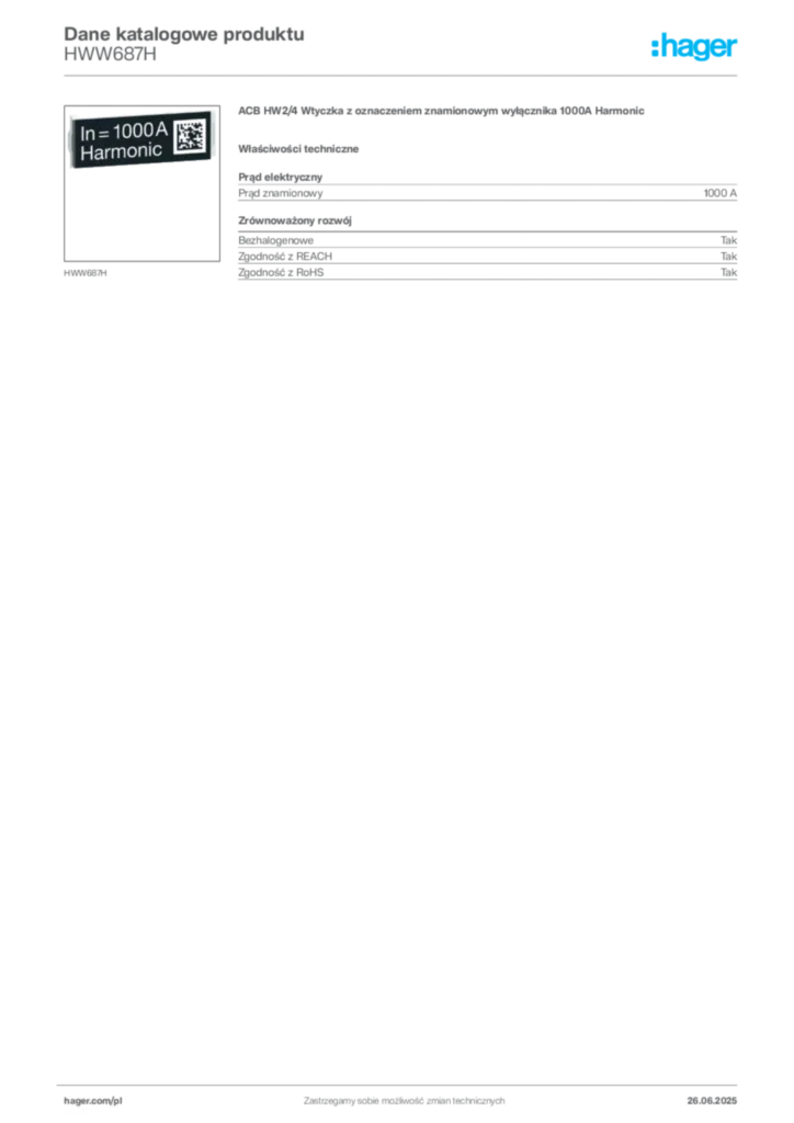 Zdjęcie Hager Dane katalogowe produktu HWW687H | Hager Polska