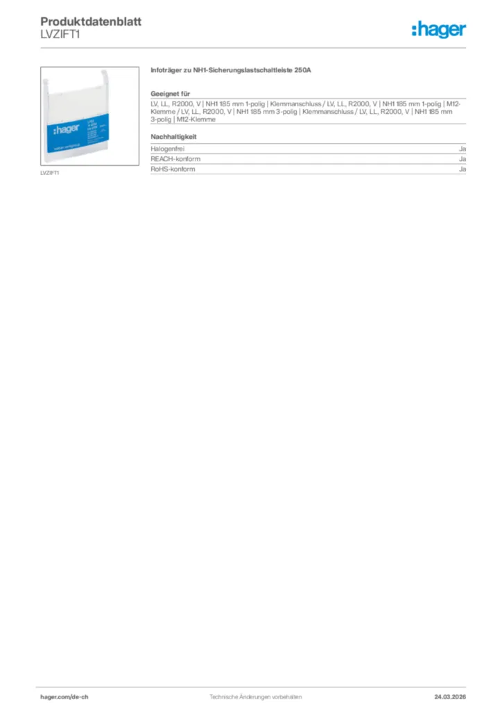 Bild Hager Produktdatenblatt LVZIFT1 | Hager Schweiz