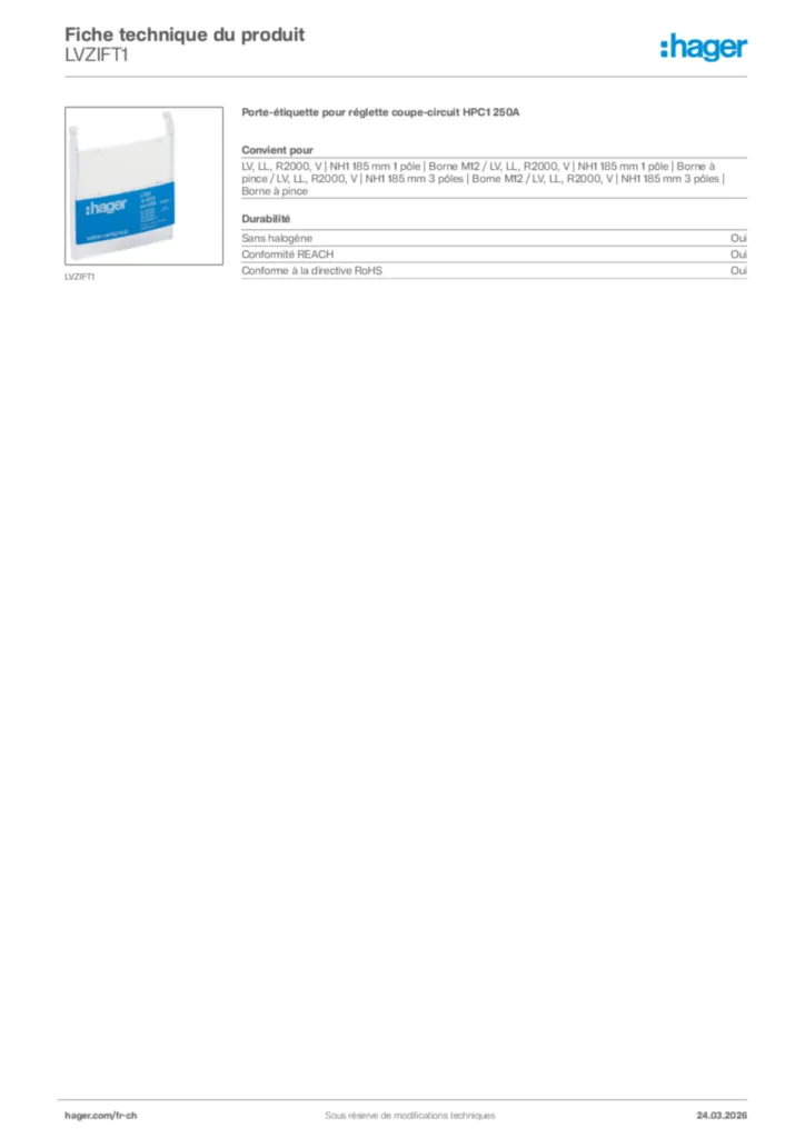 Image Hager Fiche technique du produit LVZIFT1 | Hager Suisse