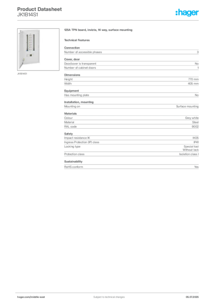Image Hager Product data sheet JK1B14S1  | Hager