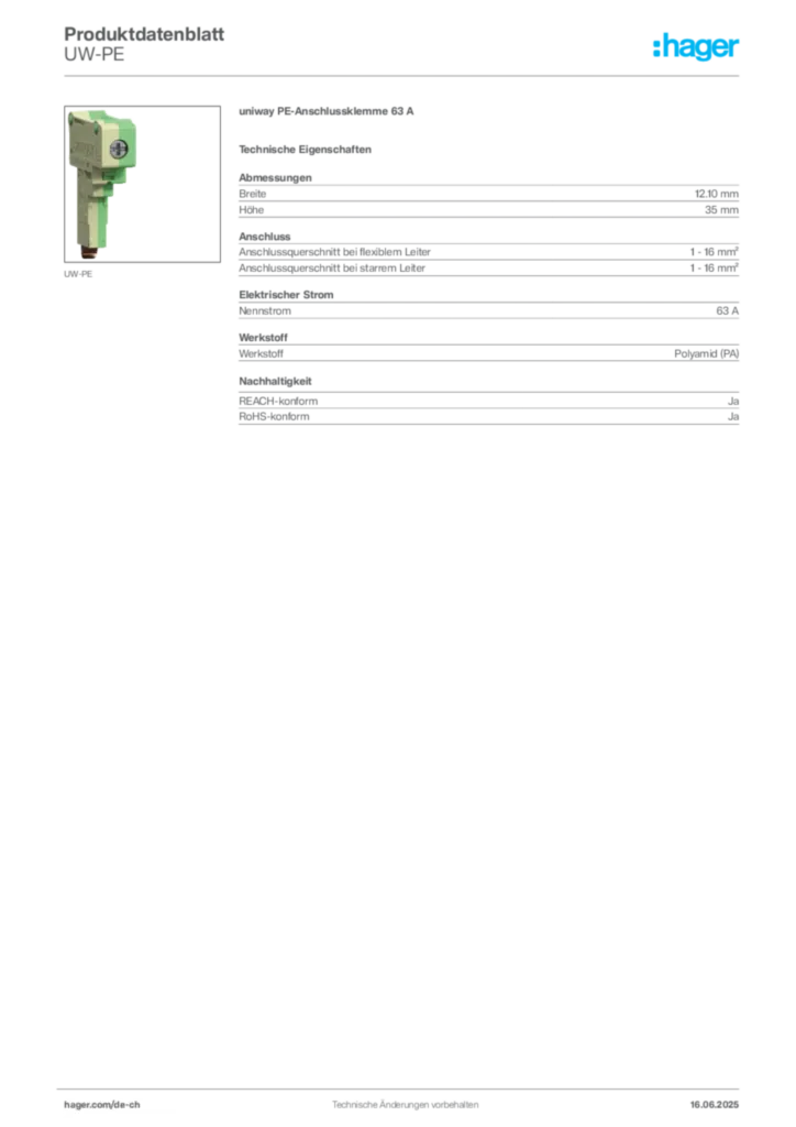 Bild Hager Produktdatenblatt UW-PE | Hager Schweiz