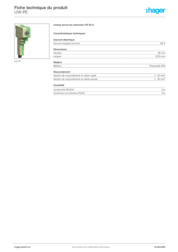 Image Hager Fiche technique du produit UW-PE | Hager Suisse