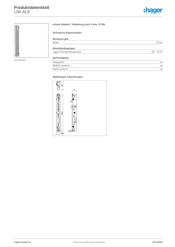 Bild Hager Produktdatenblatt UW-AL9 | Hager Schweiz