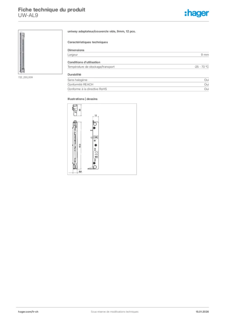 Image Hager Fiche technique du produit UW-AL9 | Hager Suisse
