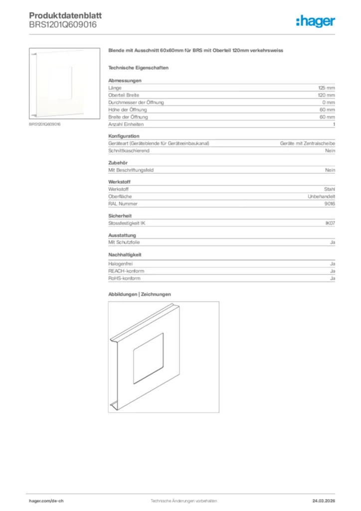 Bild Hager Produktdatenblatt BRS1201Q609016 | Hager Schweiz