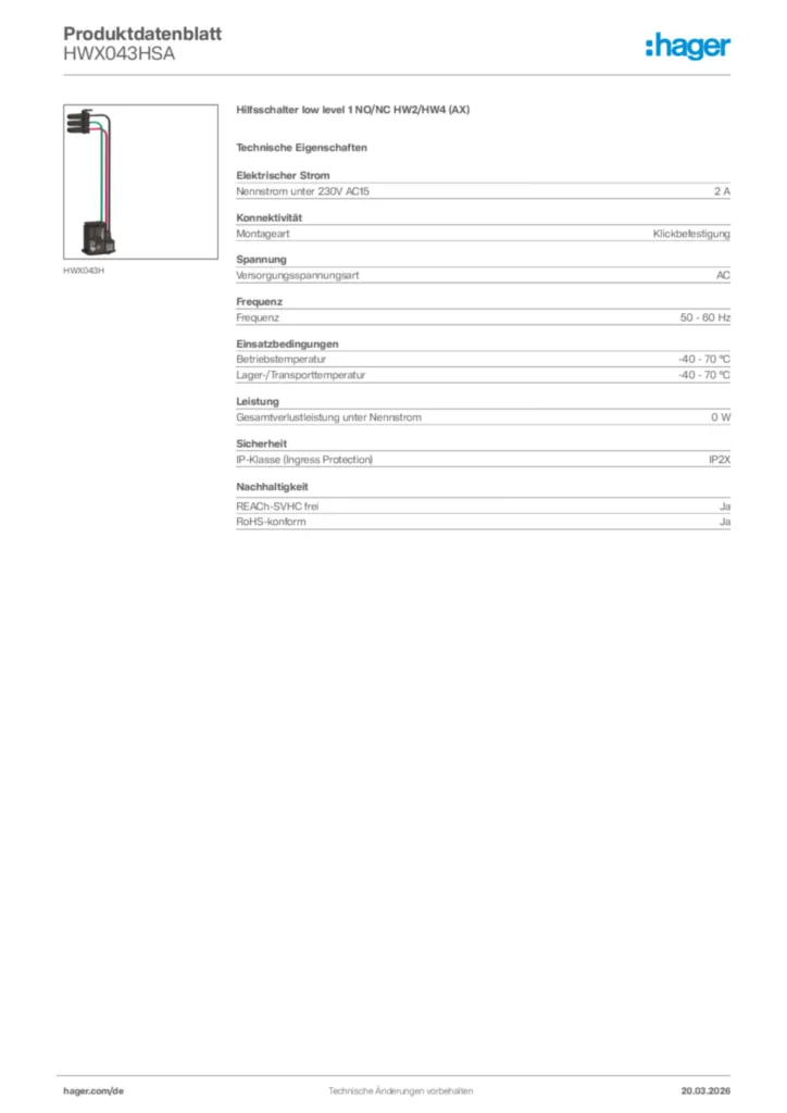 Bild Hager Produktdatenblatt HWX043HSA | Hager Deutschland