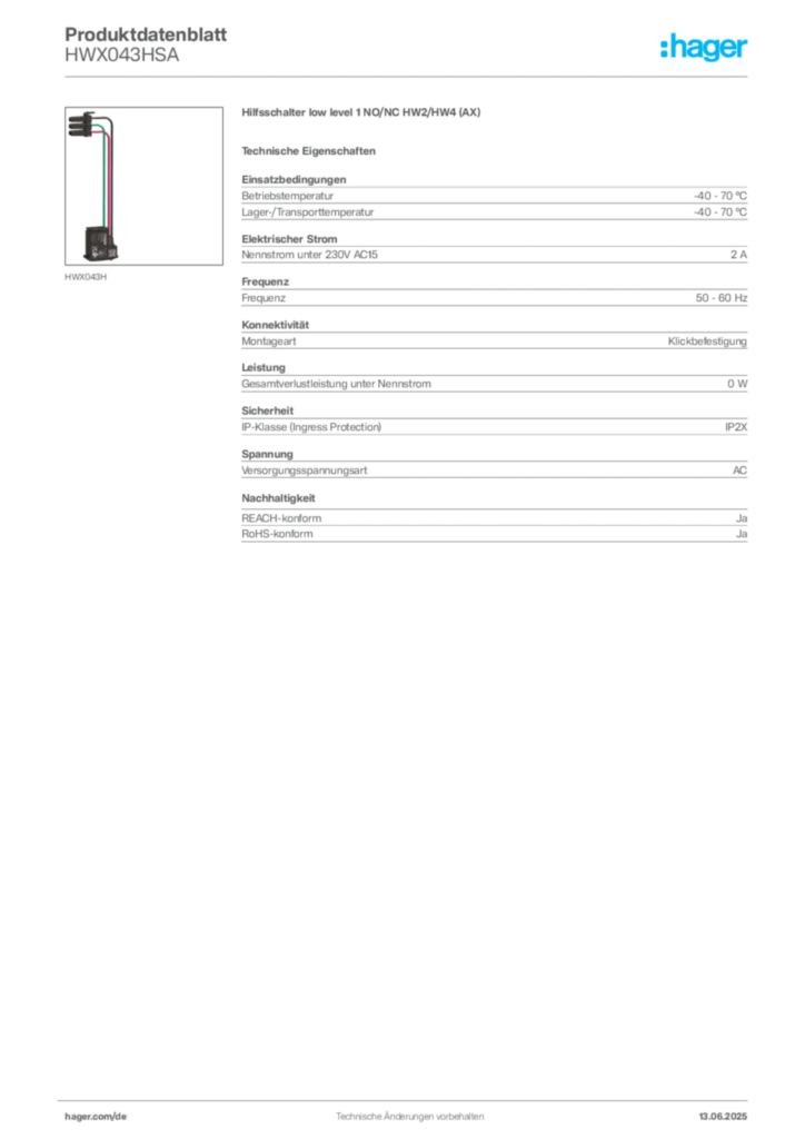 Bild Hager Produktdatenblatt HWX043HSA | Hager Deutschland