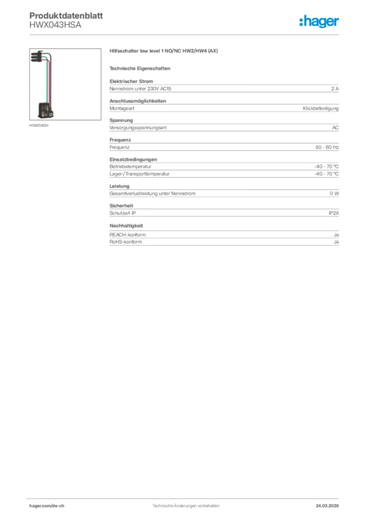 Bild Hager Produktdatenblatt HWX043HSA | Hager Schweiz