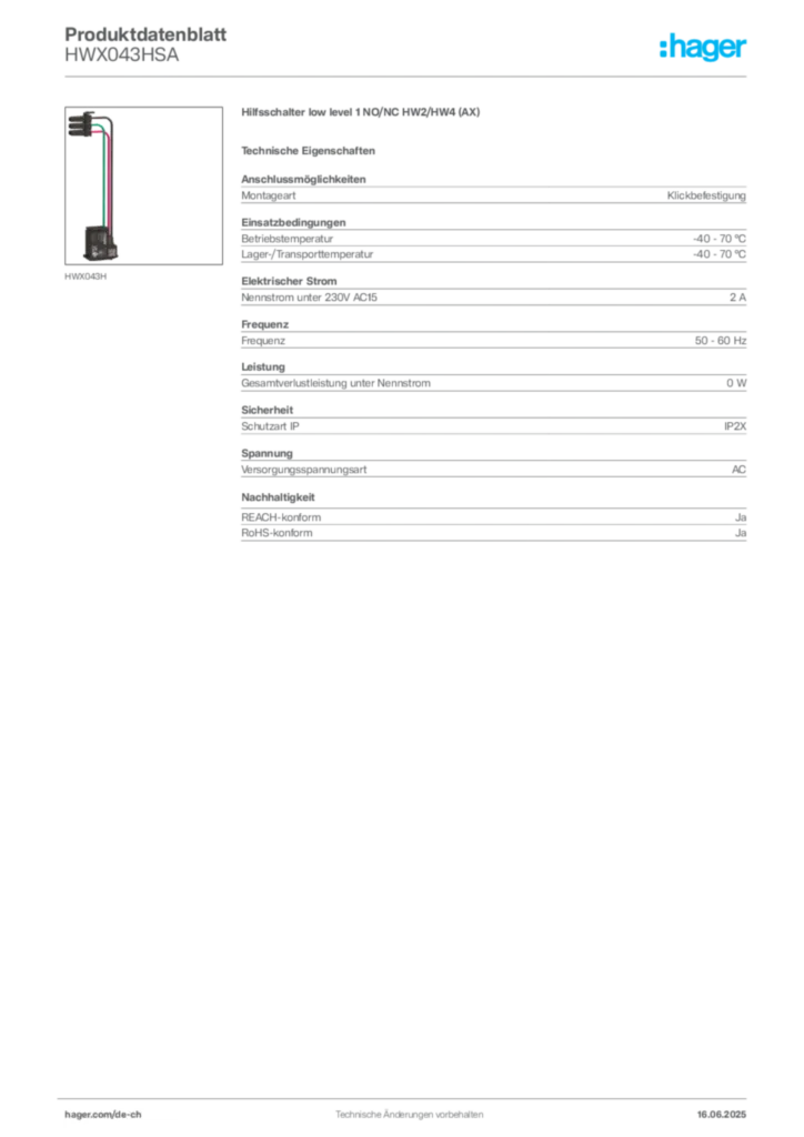 Bild Hager Produktdatenblatt HWX043HSA | Hager Schweiz