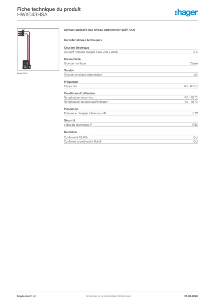 Image Hager Fiche technique du produit HWX043HSA | Hager Suisse