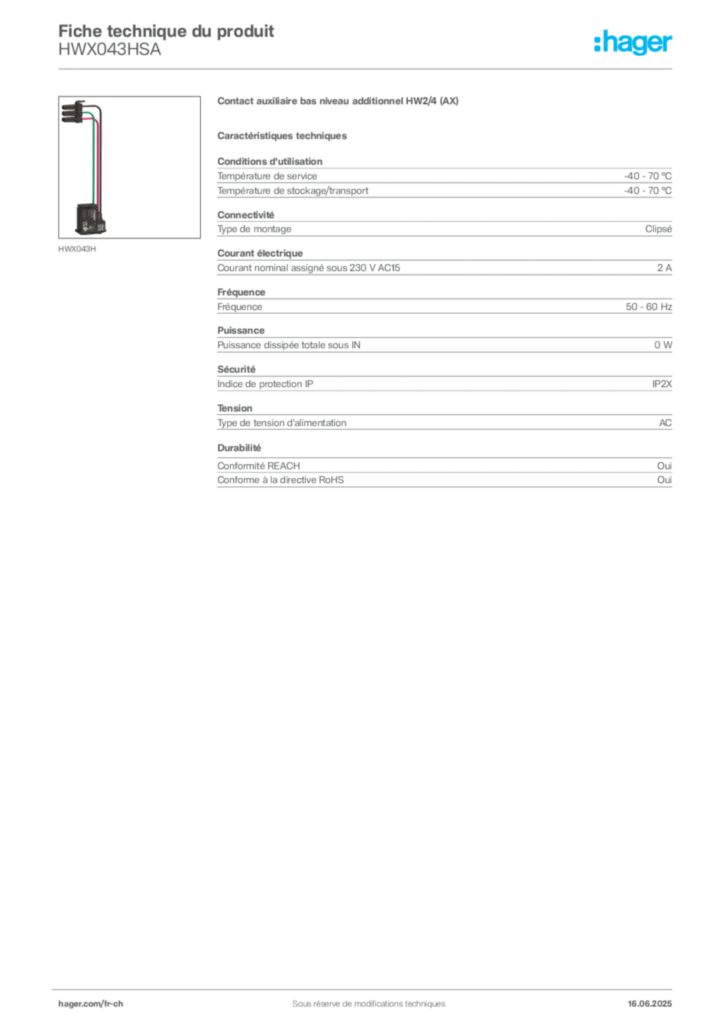 Image Hager Fiche technique du produit HWX043HSA | Hager Suisse