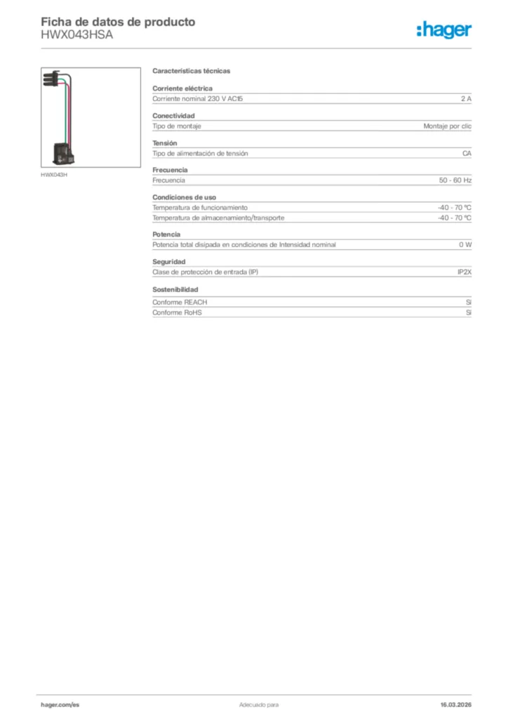 Imagen Hager Ficha de datos de producto HWX043HSA | Hager España
