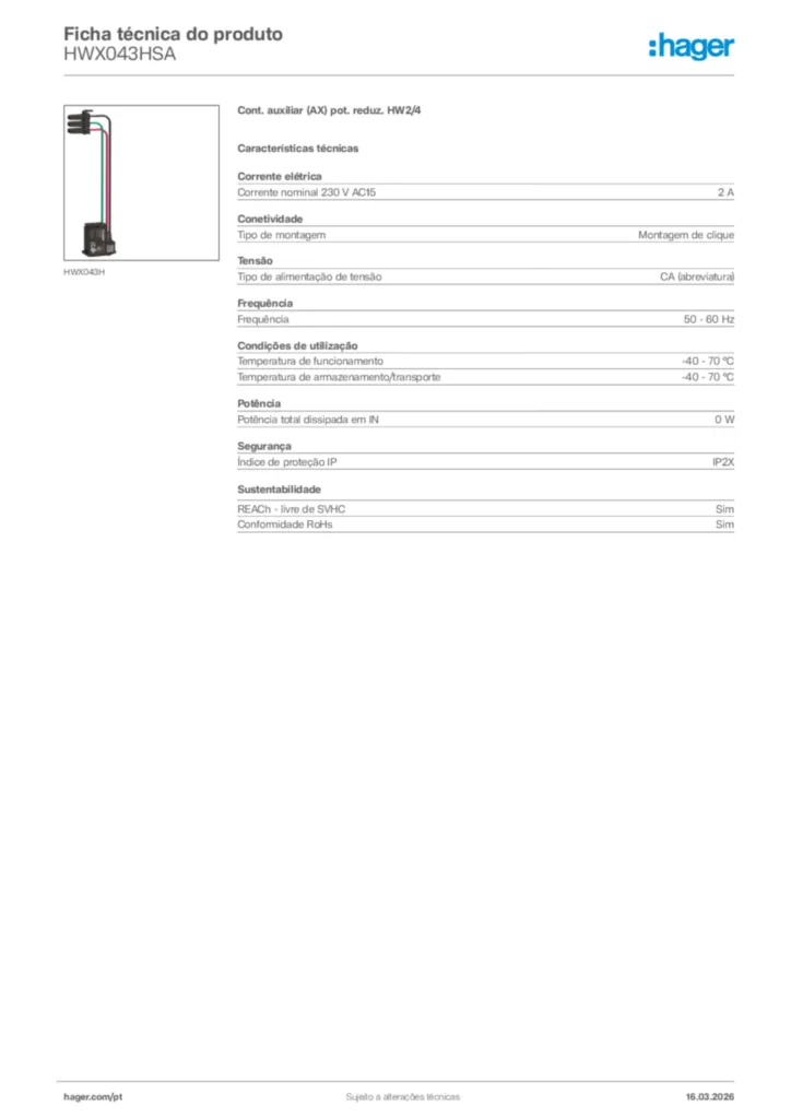 Imagem Hager Ficha técnica do produto HWX043HSA | Hager Portugal