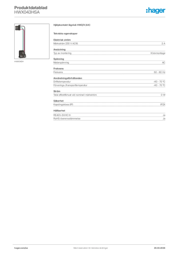 Bild Hager Produktdatablad HWX043HSA | Hager Sverige