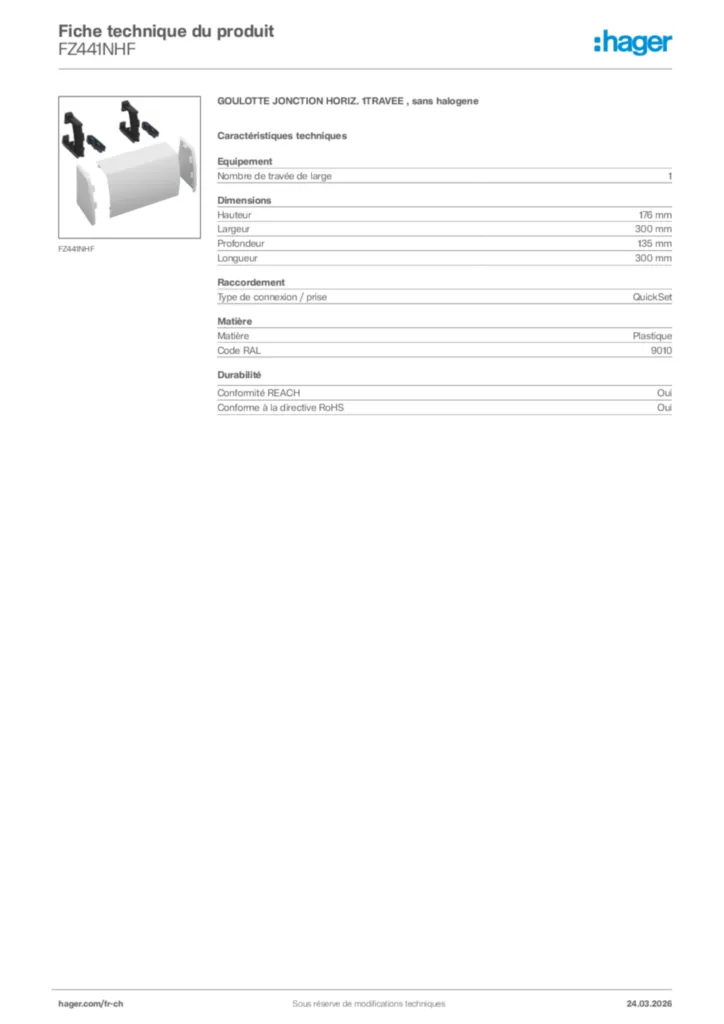 Image Hager Fiche technique du produit FZ441NHF | Hager Suisse