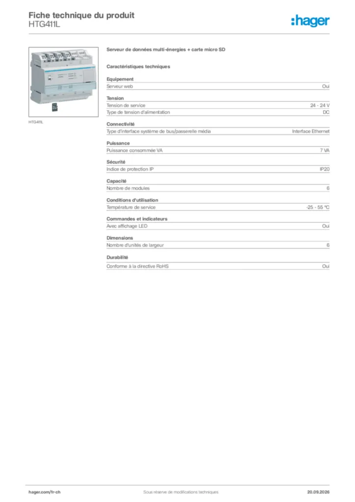 Image Hager Fiche technique du produit HTG411L | Hager Suisse