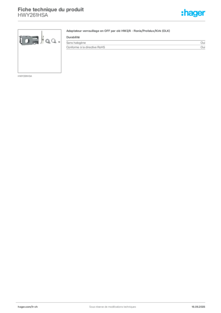 Image Hager Fiche technique du produit HWY261HSA | Hager Suisse