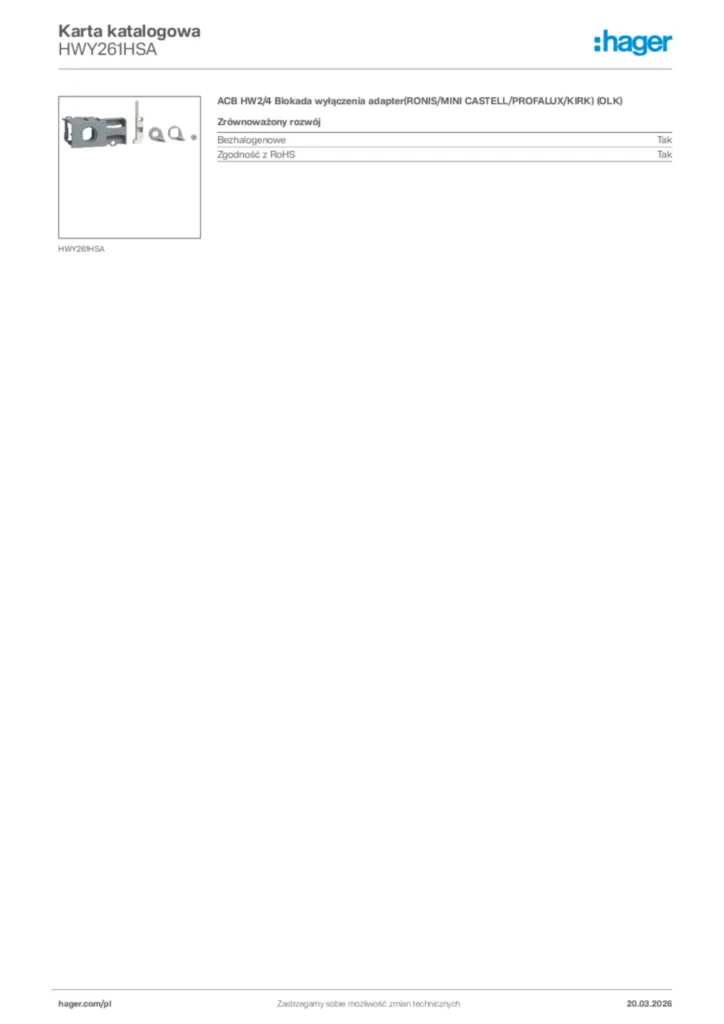 Zdjęcie Hager Karta katalogowa HWY261HSA | Hager Polska