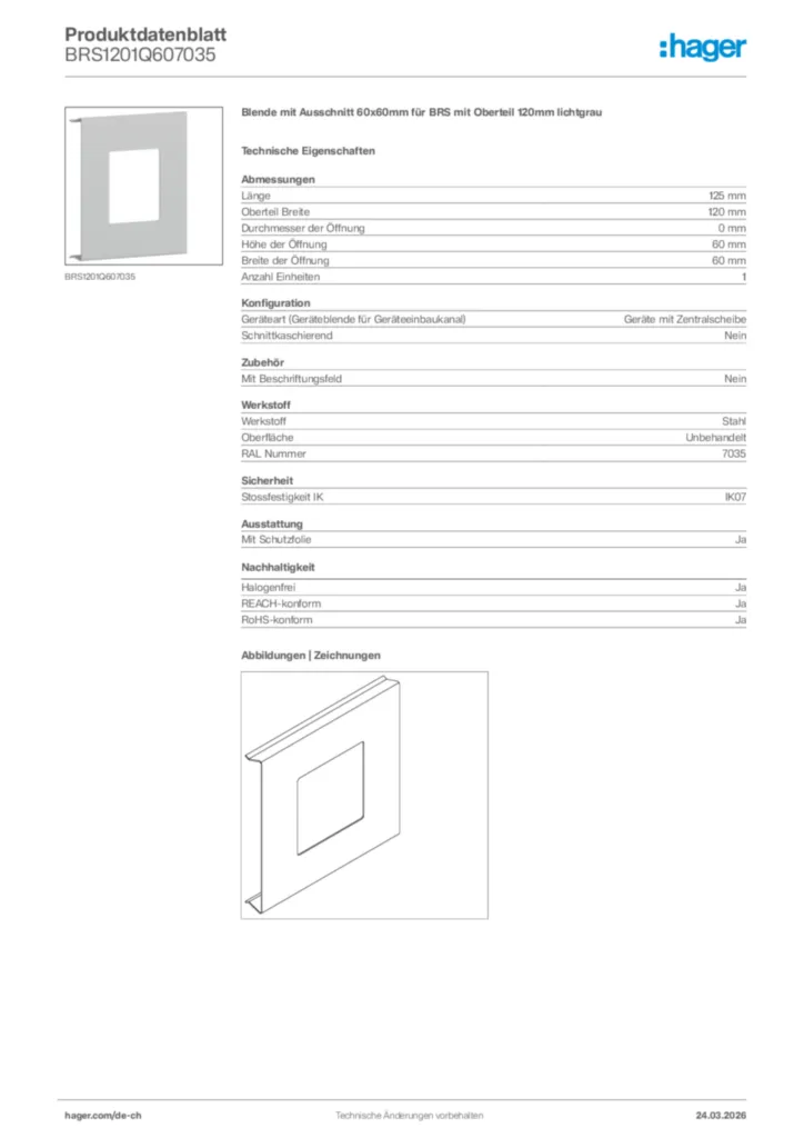Bild Hager Produktdatenblatt BRS1201Q607035 | Hager Schweiz