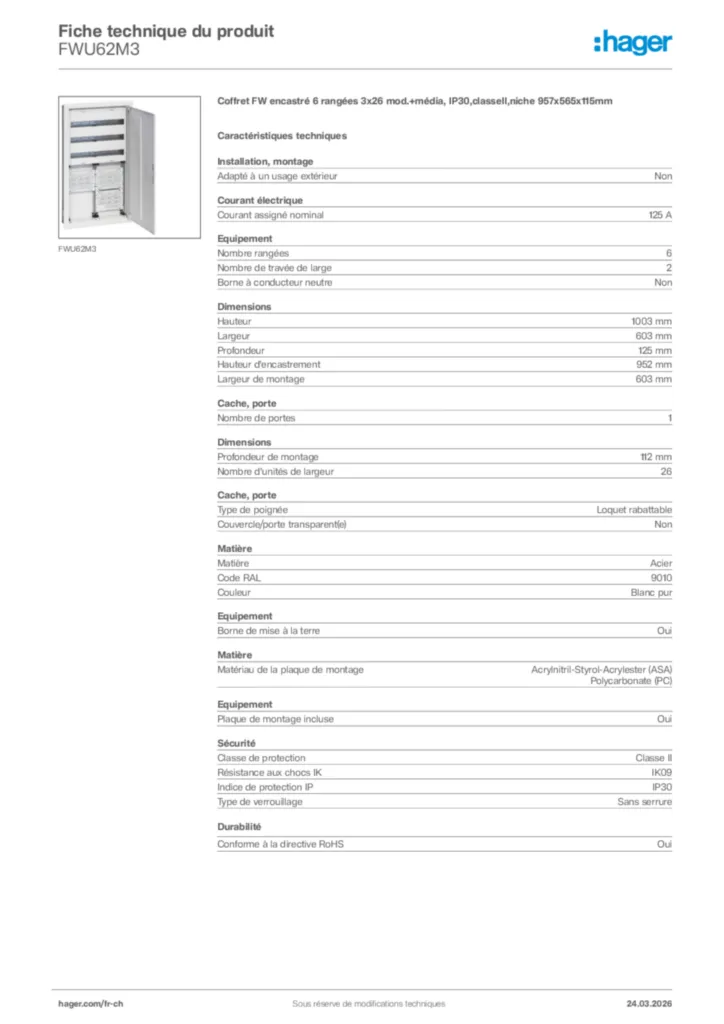 Image Hager Fiche technique du produit FWU62M3 | Hager Suisse