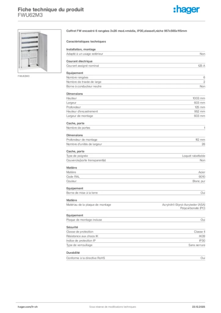 Image Hager Fiche technique du produit FWU62M3 | Hager Suisse