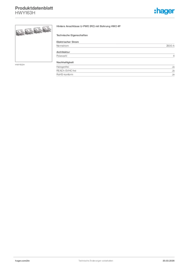 Bild Hager Produktdatenblatt HWY163H | Hager Deutschland