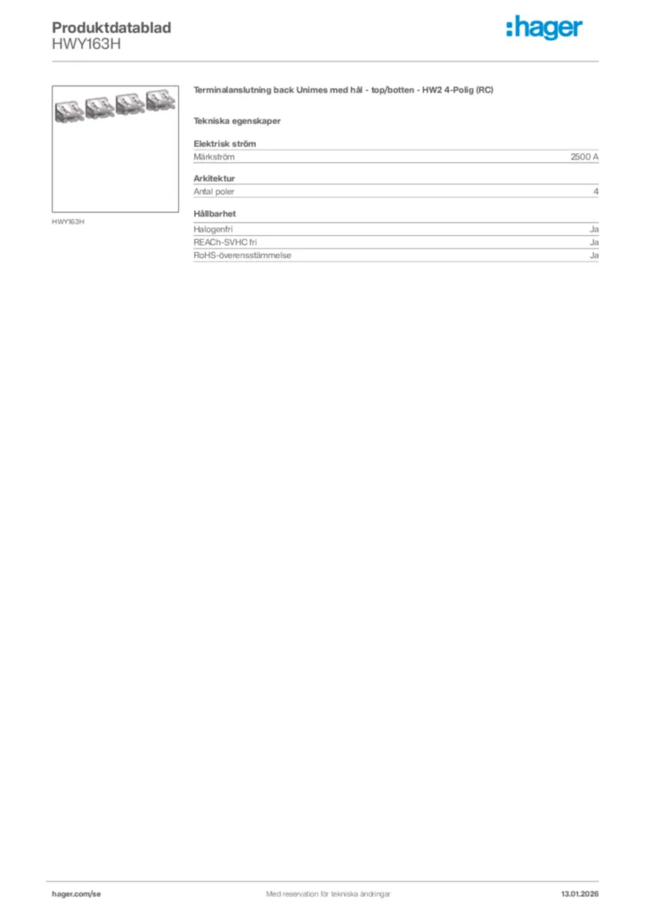Bild Hager Produktdatablad HWY163H | Hager Sverige
