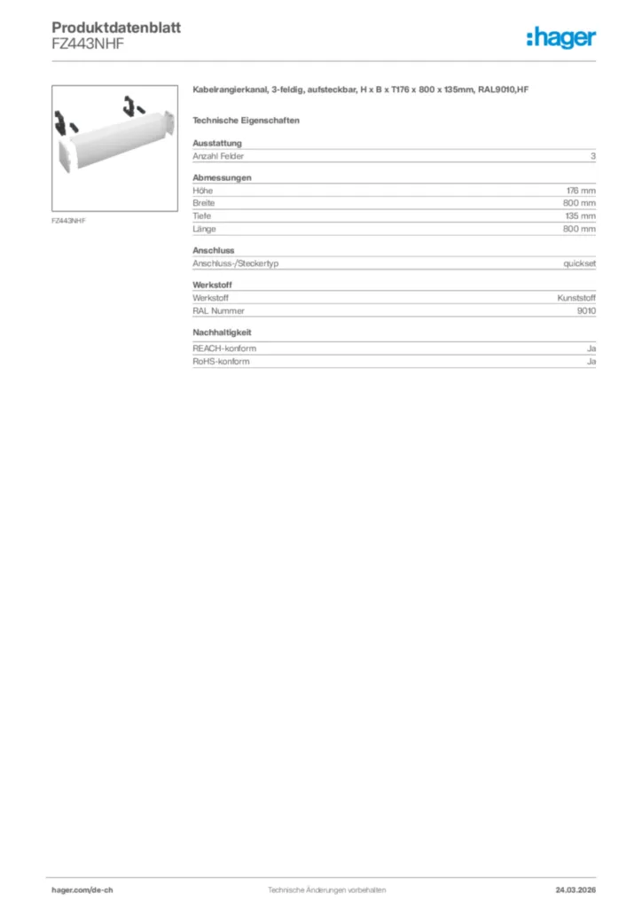 Bild Hager Produktdatenblatt FZ443NHF | Hager Schweiz