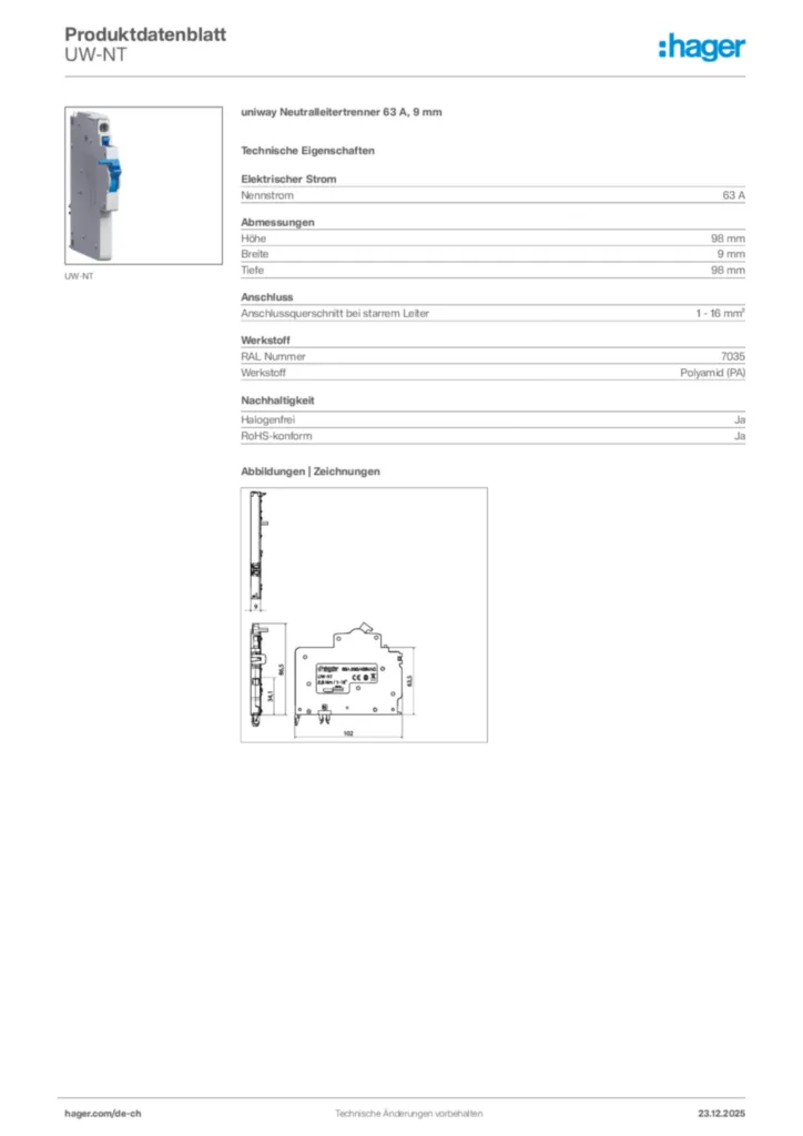 Bild Hager Produktdatenblatt UW-NT | Hager Schweiz