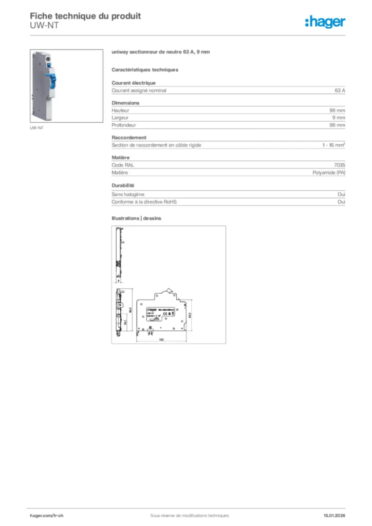 Image Hager Fiche technique du produit UW-NT | Hager Suisse