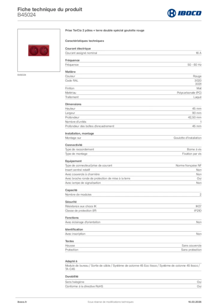 Image Iboco Fiche technique du produit B45024 | Hager France