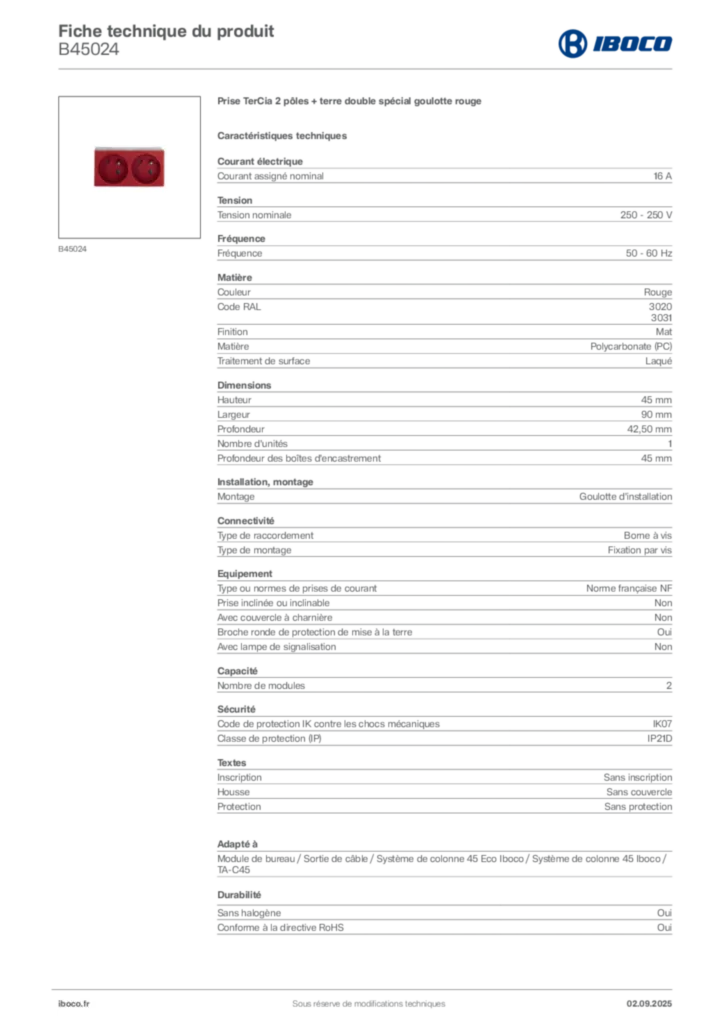 Image Iboco Fiche technique du produit B45024 | Hager France