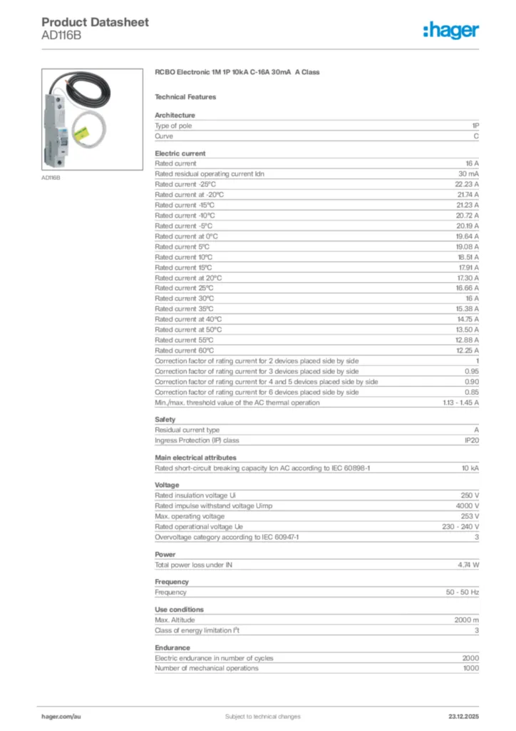 Image Hager Product data sheet AD116B  | Hager Australia