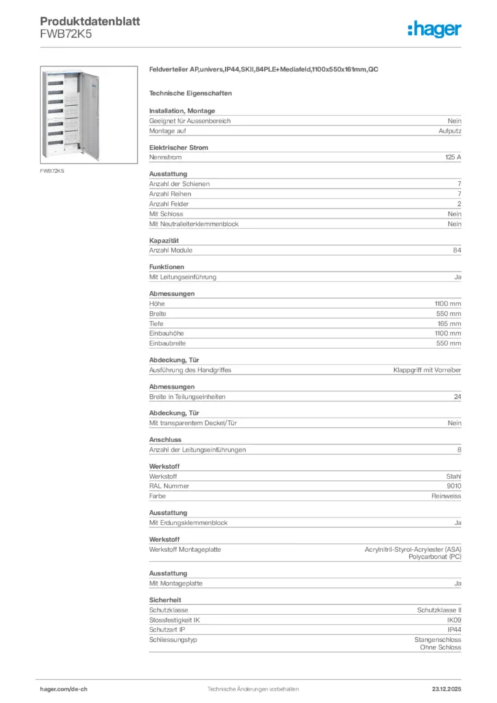 Bild Hager Produktdatenblatt FWB72K5 | Hager Schweiz