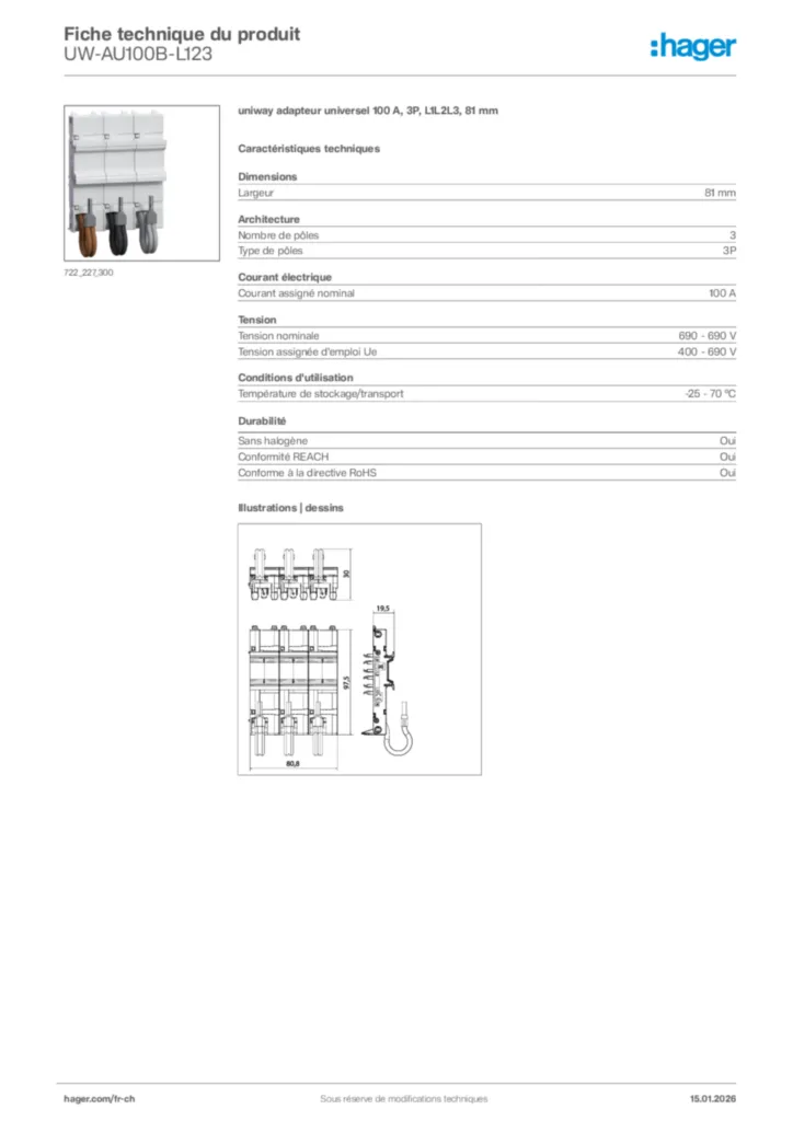 Image Hager Fiche technique du produit UW-AU100B-L123 | Hager Suisse