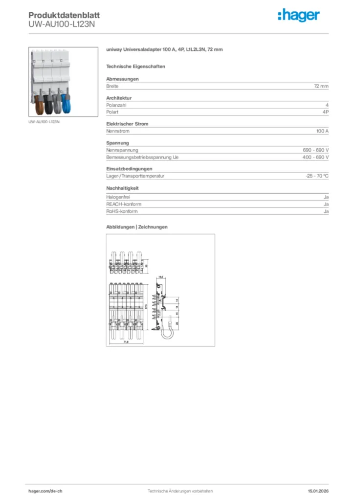 Bild Hager Produktdatenblatt UW-AU100-L123N | Hager Schweiz