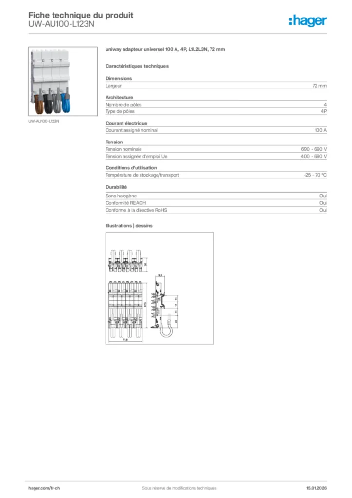 Image Hager Fiche technique du produit UW-AU100-L123N | Hager Suisse
